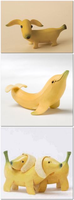 three different pictures of bananas in the shape of dogs, one banana and one dog