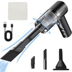 an image of a blow dryer with various attachments and accessories around it on a white background