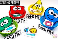 some paper plates with different faces and words on them that say feed me, feed me