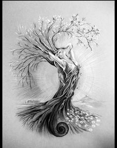 a drawing of a woman with her arms around a tree and the sun in the background