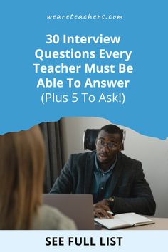 a person sitting at a table with an open book in front of them and the words, 30 interview questions every teacher must be able to answer plus 5 to ask