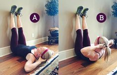 a woman is doing an exercise on the floor with her legs up and feet down