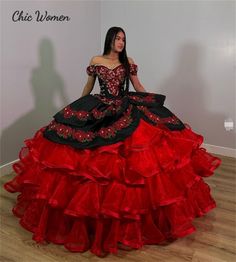 Vintage Mexican Style Charro Quinceanera Dresses 2023 Organza Ruffles Flowers Beaded Puffy Birthday Quinceanera Dresses Mexican, Quince Dresses Charro, Vestido Charro, Quinceanera Dresses Red, Mexican Quinceanera Dresses, Quinceanera Themes Dresses, Charro Quinceanera Dresses, Dresses With Appliques, Black Quinceanera Dresses