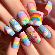 Kids Nail Designs, Rainbow Nail Art, Unghie Nail Art, Spring Nail Designs, Really Cute Nails, Kawaii Nails, Rainbow Nails, Cute Nail Art