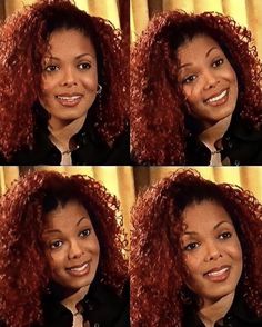 four different pictures of a woman with red curly hair smiling at the camera and laughing