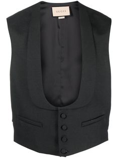 wool formal vest from GUCCI featuring black, wool-mohair blend, sleeveless, shawl lapels, rear buckle fastening and front button fastening. Tailored Wool Vest For Semi-formal Occasions, Gucci Notch Lapel Suits For Work, Gucci Notch Lapel Suit For Formal Occasions, Classic Gucci Suits For Business, Classic Tailored Gucci Suits, Classic Gucci Business Suits, Classic Fitted Gucci Suit, Elegant Gucci Business Suit, Elegant Gucci Formal Suits