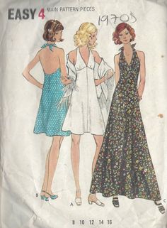 1970s Vintage Sewing Pattern - Butterick 6634 - B34 Halter Neck Dress Abba Moodboard, Halter Dress Pattern, 1970s Sewing Patterns, Vintage Vogue Sewing Patterns, Halter Top Dress, Disco Style, Dress Patterns Free, Halter Top Dresses