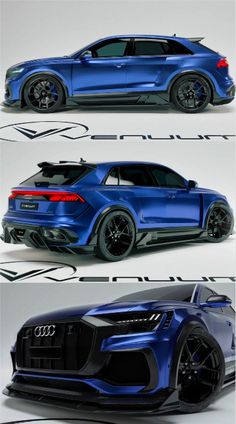 three different views of an audi suv in blue and black, with the hood open