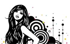 a woman with long hair sitting in front of an abstract wallpaper design, black and white