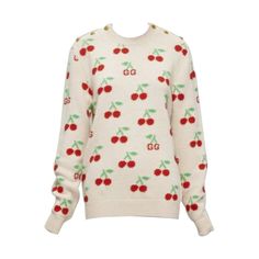 GUCCI 2023 beige red GG logo Cherries crew long sleeves sweater XS Reference: AAWC/A00648 Brand: Gucci Collection: 2023 Material: Wool Color: Cream, Red Pattern: Cartoon Closure: Button Extra Details: Long sleeve knit wool sweater in beige. Jacquard pattern knit in red and green throughout. Rib-knit crewneck collar, cuffs, and hem. Made in: Italy CONDITION: Condition: Excellent, this item was pre-owned and is in excellent condition. This piece was being kept in great condition and is ready to be 2023 Beige, Gucci Collection, Sleeves Sweater, Gg Logo, Jacquard Pattern, Red Pattern, Clothes To Buy, Printed Sweater, Wool Sweater