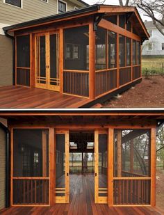 two pictures of the inside and outside of a house with wooden floors, screened in porch