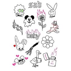 some stickers that are on the back of a white shirt with pink writing and cartoon characters