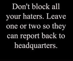 the words don't block all your haters leave one or two so they can report back to headquarters