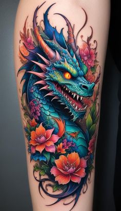 a colorful dragon tattoo on the thigh with flowers and leaves around it's head