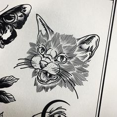 an ink drawing of a cat's face and other animal faces with leaves on them