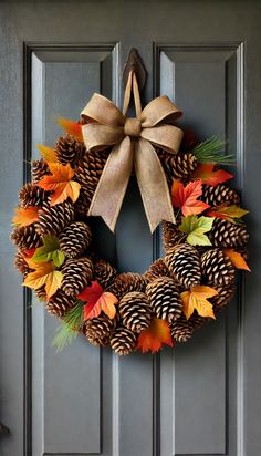 a wreath with pine cones, leaves and a bow hanging on the front door for fall