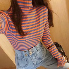 High Collar Color Block Stripe Long Sleeve T-shirt Colour Shirt Outfit, Sister Aesthetic, T Shirt Collar, 90s Fits, Stripe Long Sleeve, Aesthetic Outfit Ideas, Dress Picture, Aesthetic Outfit, Ladies Dress Design