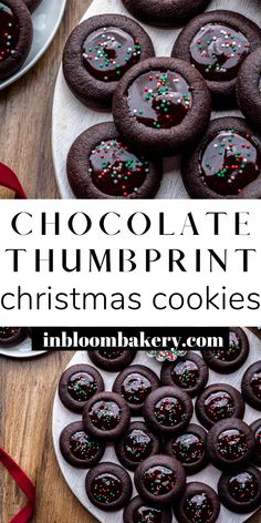 chocolate thumbprint christmas cookies with sprinkles on top and in the background