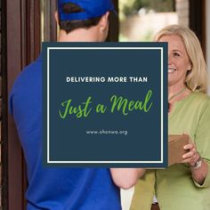 a man and woman holding a sign that says delivering more than just a meal