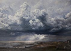 an oil painting of storm clouds over the ocean