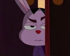 an animated image of a purple bunny peeking out from behind a door and looking at the viewer