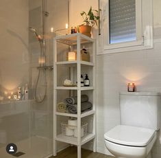 a white toilet sitting in a bathroom next to a walk in shower with shelves above it