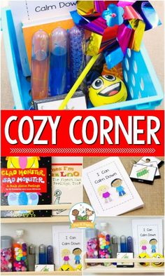 the book cozy corner is filled with toys and crafts