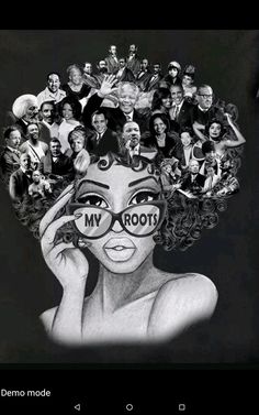 a black and white photo of a woman's face surrounded by many people