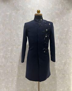 *2  Piece Navy blue :- Sherwani and Pant  *Fabric: %100 japanese , Thick, Warm,  Comfortable, Breathable, Softer, Satin Feeling *Center Hide Button Sherwani , With Zipper Fly Pants *This Suit Has A 6" Drop Which Is The Difference Between The Size Of The Sherwani & Pants. For Example, A 40r Jacket Includes A 34W Pant *Dry Clean Only Important Note: All Our Products Are Made To Order ! Please Contact Us For Perfect Fitting Suit. .Full Lining Indo-western  With Padding *We are proud to offer a wide Elegant Floral Embroidered Kurta For Winter, Traditional Embroidered Semi-stitched Suits, Embroidered Suits For Eid With Traditional Drape, Embroidered Suits For Eid Designer Wear, Embroidered Traditional Drape Suits For Eid, Embroidered Traditional Eid Suits, Diwali Fitted Long Sleeve Bandhgala, Fitted Blue Nehru Jacket With Floral Embroidery, Fitted Long Nehru Jacket With Floral Embroidery