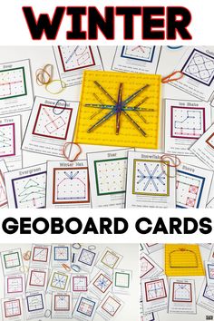 the geoboard cards are all in different shapes and sizes, with text overlaying them