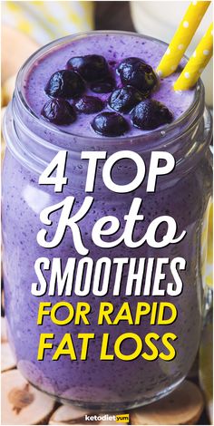 a purple smoothie in a jar with two yellow straws