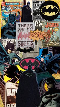 an image of batman collaged with comic books and other things in the background