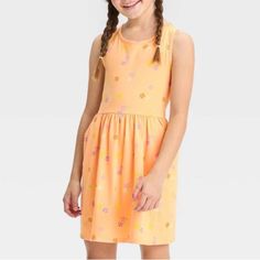 Cat & Jack Girls' Sleeveless Dress - Soft Orange S -Girls Size Small (6/7) -Nwt, 60% Cotton & 40% Recycled Polyester -Orange Floral Pattern Print -Sleeveless Tank Style, Pullover -Lightweight Material With Pockets Playful Orange Sleeveless Dress, Cute Orange Sleeveless Sundress, Cute Orange Sleeveless Dress, Floral Pattern Print, Floral Ruffle Dress, Girls Holiday Dresses, S Girl, Ditsy Floral Dress, Soft Orange