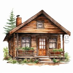 a watercolor painting of a log cabin with windows and porches on the front