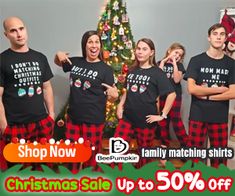 a group of people wearing matching christmas pajamas with the words family matching shirts up to 50 % off