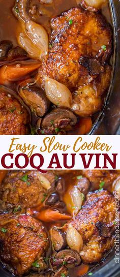 easy slow cooker chicken coq au vin with mushrooms and carrots in a crock pot