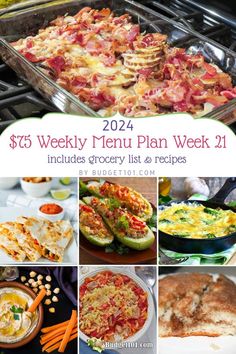 Close-up of a savory, budget-friendly meal plan for Week 21 featuring cheesy potato bake, stuffed zucchini boats, veggie frittata, creamy pasta, and a dessert crumble, ideal for family meals on a tight budget. Cheesy Potato Bake, Stuffed Zucchini Boats, Bacon Casserole, Stuffed Zucchini, Zucchini Boats