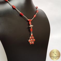 "◎ Unique handcrafted necklace made of precious Mediterranean coral, which is unique, all natural and hasn't been treated or dyed in any way. Adorned with tube elements, and coral-inlaid pendant. Everything is handmade with solid sterling 925 silver. ◎ Length: 42.5 cm ( 16.73\" ) Pendant dimensions: 6 x 2 cm ( 2.36 x 0.78\" ) Color: light-red ◎ Enter the shop, for more of our jewelry, and matching earrings ;) ◎ - - - - - - - - - - - - - - - - - - - - - - - - - - - - - - - - - - - - - - - - - - - Red Coral Jewellery, Red Coral Necklace, Coral Pendant, Natural Coral, Necklace Red, Coral Necklace, Coral Jewelry, Necklace Unique, Handcrafted Necklace