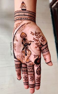 Mehndi Designs Related To Krishna, Character Mehndi Design, Back Hand Mehndi Designs Krishna, God Mehndi Design, Krishna Finger Tattoo, Mehandi For Janmashtami, Krishna Mehndi Designs Simple, Mehndi Design Krishna, Mehendi Design For Janmashtami