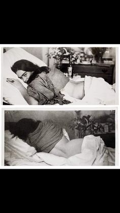 two black and white photos of a woman laying in bed