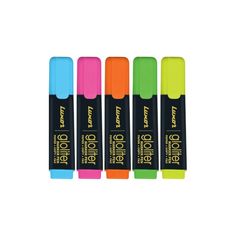 four neon colored pens are lined up in a row