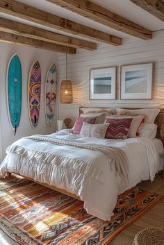 a bedroom with surfboards on the wall