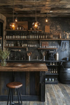 an old fashioned bar with lots of bottles on the shelves and stools in front of it