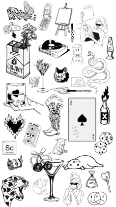 black and white drawing of various items for playing cards