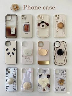 there are many cell phone cases on the wall with words above them that say, phone case