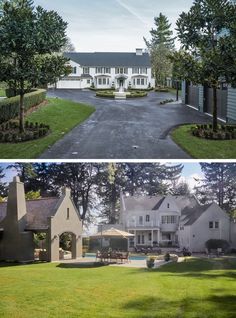 two different views of a large white house with trees in the front yard and an open driveway