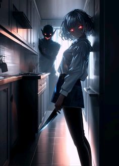 a woman standing in a kitchen next to a man holding a knife with red eyes