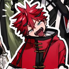 an anime character with red hair wearing a red coat and holding a knife in his hand