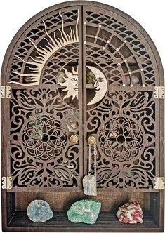 an intricately designed wooden door with decorative carvings