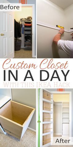 a collage of photos with the words custom closet in a day